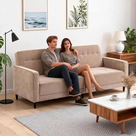 Culect 80" L Futon Sofa Bed, 3-in-1 Adjustable Futon Bed for Sitting or Reclining, Suitable for Living Room, Studies and Small Space, Linen Fabric, Beige Culect