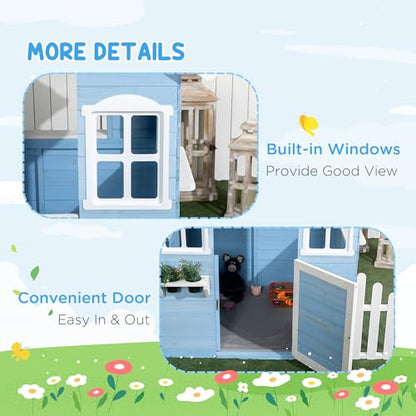 Outsunny Playhouse for Kids Outdoor, Country Style Wooden Playhouse with Flower Pot Holders, Working Door, Windows, Service Stations for 3-7 Years,