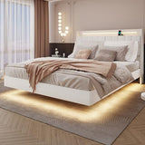 bzbbzc Queen Size Floating Bed Frame with LED Lights & USB Charging Ports, Upholstered Platform Bed with Storage Headboard & Hidden Shelves, Modern Floating Design for Bedroom or Guest Room, Beige bzbbzc