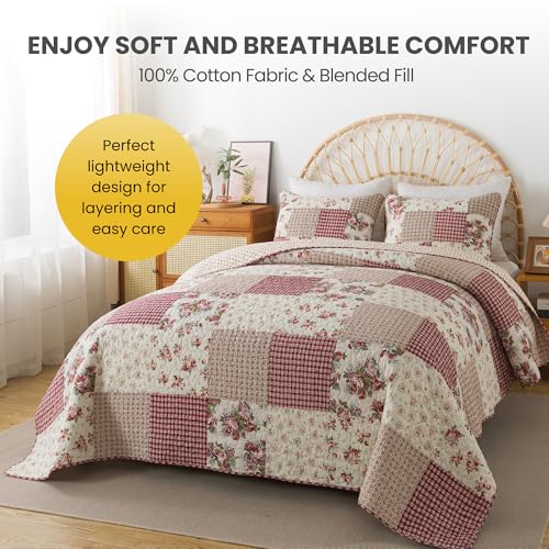 SLPR Country Roses Patchwork Cotton Pieced Quilt Set - Twin Size with 1 Sham, French Country Style Floral Bedding, Red Rose Farmhouse Quilted Bedspread with Flower Pattern SLPR