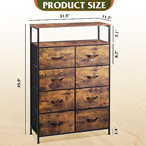 WLIVE Fabric Dresser for Bedroom with Open Shelves, Tall Dresser with 8 Drawers, Storage Tower with Fabric Bins, Chest of Drawers for Closet, Hallway, Rustic Brown Wood Grain Print WLIVE