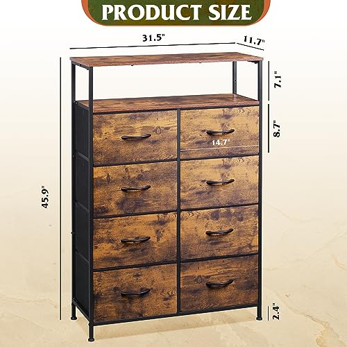 WLIVE Fabric Dresser for Bedroom with Open Shelves, Tall Dresser with 8 Drawers, Storage Tower with Fabric Bins, Chest of Drawers for Closet, Hallway, Rustic Brown Wood Grain Print - WoodArtSupply