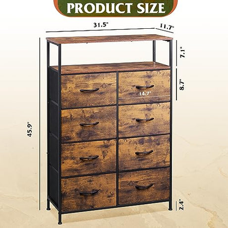 WLIVE Fabric Dresser for Bedroom with Open Shelves, Tall Dresser with 8 Drawers, Storage Tower with Fabric Bins, Chest of Drawers for Closet, Hallway, Rustic Brown Wood Grain Print WLIVE