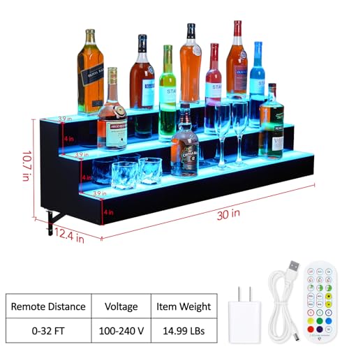 Takywep LED Lighted Liquor Bottle Display Shelf, 3-Step 30-Inch Wall Mounted Lighted Liquor Bottle Shelf with Remote & App Control, Acrylic Lighted Bottle Display Stand for Home Commercial Ba - WoodArtSupply