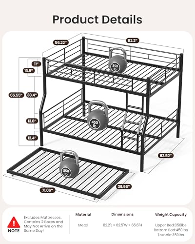 Mixcous Full XL Over Queen Bunk Bed with Trundle, Heavy-Duty Metal Bunk Bed w/Full-Length Guardrail & EVA Padded Ladder, Convertible to 3 Separate Beds for Adults, Teens, Noise-Free, Black Mixcous