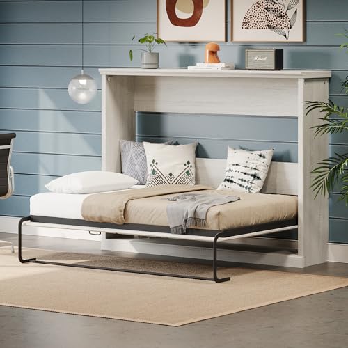 MERITLINE Twin Horizontal Murphy Chest Bed,Wood Folding Hideaway Bed Cabinet for Adults (White) MERITLINE