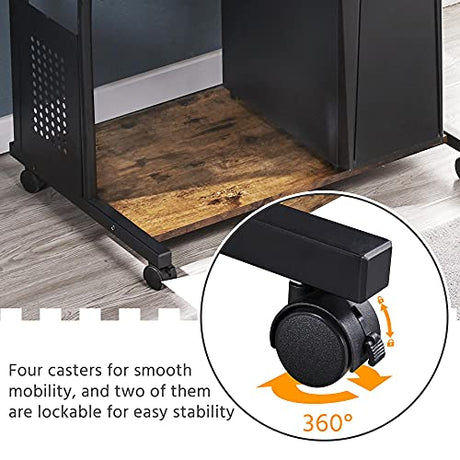 Yaheetech 3 Tiers Rolling Computer Desk on Wheels with Charging Station and Keyboard Tray, Mobile Home Office Desk PC Laptop Workstation with Power Outlet and USB Ports for Home Studying, Rustic Brown Yaheetech