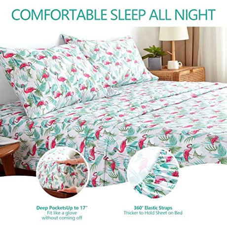 Twin Bed Sheets Set 3PC - Soft Cooling 1800 Thread Count Microfiber Flamingo Plants Boho Printed Sheet, 8 - 17 Inch Deep Pocket Hypoallergenic, Wrinkle Free, Machine Washable Patterned Single Bedding KACEMOO