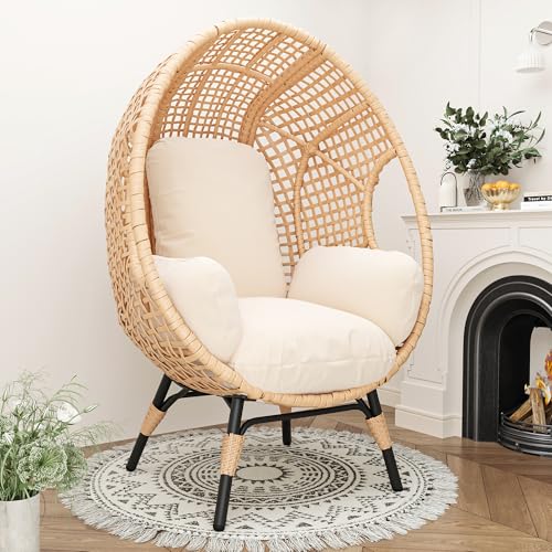 TQKVIPI 2 pcs Oversized Wicker Egg Chair Outdoor Indoor - Rattan Patio Egg Lounge Chairs with Cushion 500lbs Capacity for Living Room, Balcony, Backyard TQKVIPI