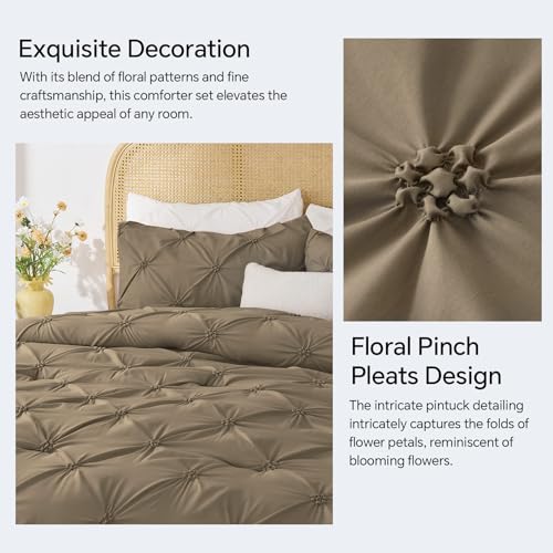 BEDELITE Light Brown Queen Comforter Set - 3 Pieces Boho Pintuck Bedding Comforter Sets, Lightweight Soft & Warm Bed Comforter Queen with 2 Pillowcases for All Season