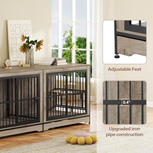 Rovibek 78 Double Dog Crate Furniture for 2 Large Dogs Indoor, Wooden Furniture Dog Crates with Dog Bowl, Dog Kennel Furniture TV Stand Large Breed Grey Rovibek