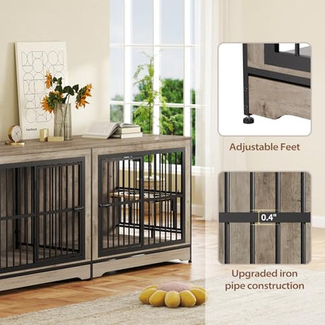 Rovibek 78 Double Dog Crate Furniture for 2 Large Dogs Indoor, Wooden Furniture Dog Crates with Dog Bowl, Dog Kennel Furniture TV Stand Large Breed Grey Rovibek