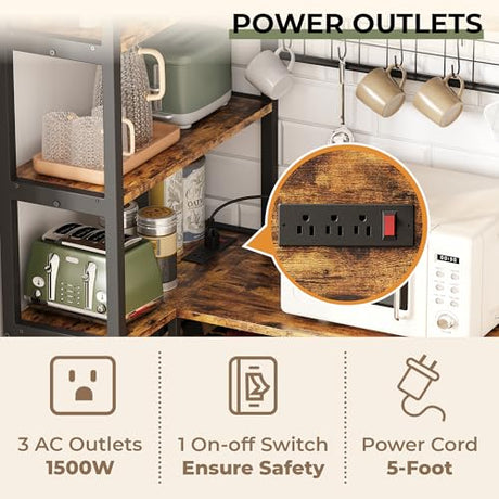 IRONCK Corner Bakers Rack with Power Outlet, Coffee Bar 6 Tier with Storage Cabinet, Vintage Industrial Microwave Stand with 6 Hooks, Kitchen Shelves with Wire Basket, Rustic Brown IRONCK