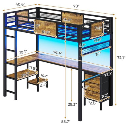 ADORNEVE Loft Bed Twin Size with L-Shaped Desk, LED Lights,Charging Station, Twin Metal Loft Bed Frame with Fabric Drawers & Shelve, 13.4" H Safety Guardrail, No Box Spring Needed, Black