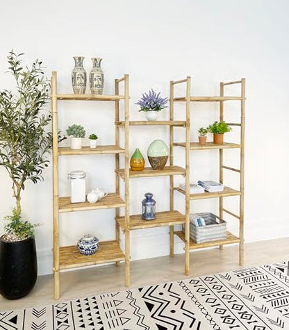 Natural Rattan Bamboo Handcrafted 4-Tier Bookcase with 11 Open Shelves - WoodArtSupply