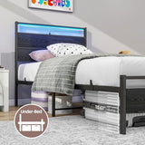 BOFENG Twin Bed Frame with Wood Headboard and USB Charging Station/LED Lights,Metal Single Platform Bed Frame Twin Size No Box Spring Needed,Heavy Duty Metal Slats Support,Noise Free,Black BOFENG