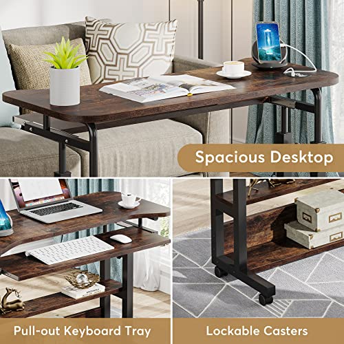 Tribesigns Portable Desk with Power Outlets, Height Adjustable Side Table Sofa Couch Bedside Laptop Computer Cart with USB Charging Ports, Mobile Small Standing Desk with Keyboard Tray Tribesigns