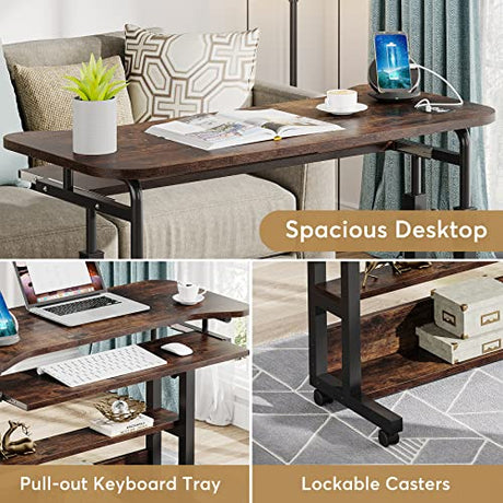 Tribesigns Portable Desk with Power Outlets, Height Adjustable Side Table Sofa Couch Bedside Laptop Computer Cart with USB Charging Ports, Mobile Small Standing Desk with Keyboard Tray Tribesigns