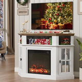 Flamaker Fireplace Corner TV Stand for TVs up to 55 Inch, Entertainment Center with 18" Fireplace, TV Console Table with Glass Door Storage Cabinet and Open Shelf (White) Flamaker