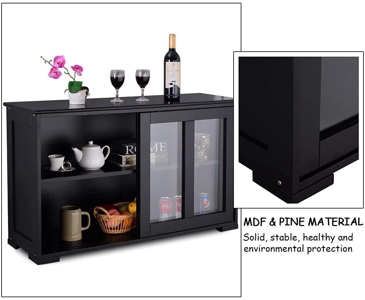 FANTASK Kitchen Storage Cabinet Sideboard, Stackable Buffet w/Height-Adjustable Shelf & 2 Glass Sliding Doors, Accent Console Table for Kitchen Dining Living Room Hallway Office (Black) FANTASK