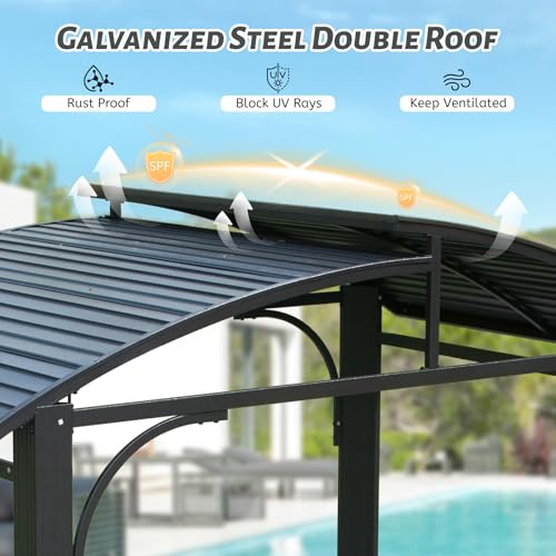 Domi Hardtop Grill Gazebo 8x5FT, Outdoor BBQ Gazebo with Galvanized Steel Double Roof, Permanent Sun Shade Grill Canopy Shelter with 2 Side Shelves and Ceiling Hook for Patio Yard Garden (Grey) domi outdoor living