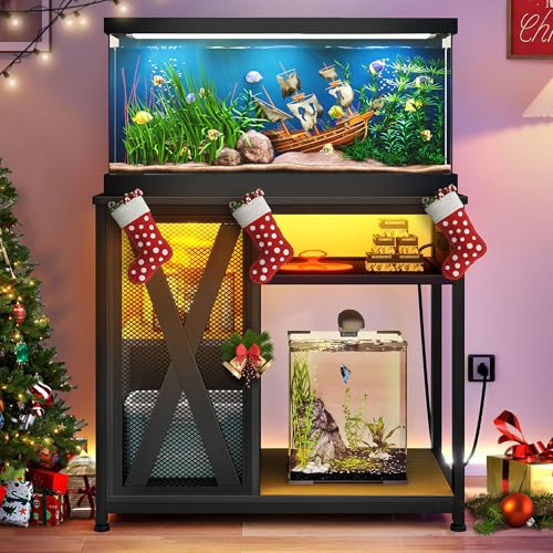 DWVO 40-50 Gallon Aquarium Stand with Power Outlets & LED Light, Cabinet for Fish Tank Accessories Storage - Metal Fish Tank Stand Suitable for Turtle Tank, Reptile Terrarium, 660LBS Capacity - WoodArtSupply