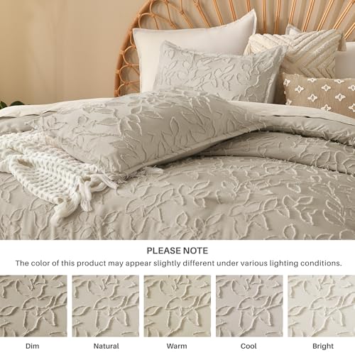Litanika King Size Comforter Set Oatmeal, 3 Piece Khaki Boho Tufted Bedding, Beige Fluffy Farmhouse Bed Set for All Season with 2 Leaf Pattern Pillowcases（104x90In） Litanika