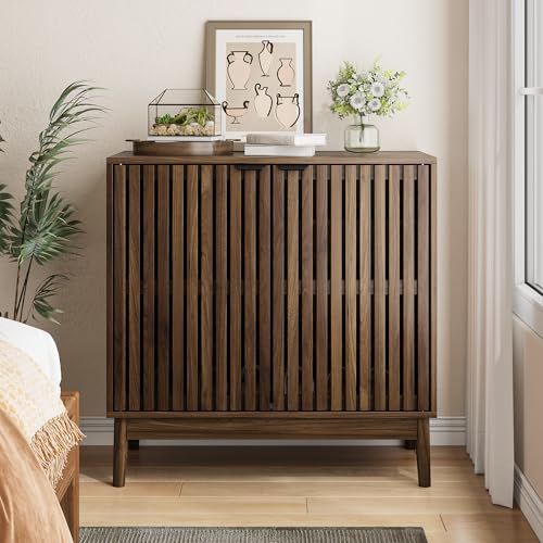 Morwdxef Shoe Cabinet with Slatted Doors, 4-Tier Freestanding Shoe Cabinet Storage for Entryway, Narrow Entryway Shoe Organizer Cabinets with Shelves (Walnut, 31.5" Wide) Morwdxef