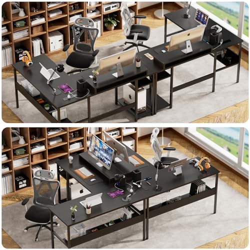 Unikito Reversible L Shaped Desk with Magic Power Outlets and Smart LED Light, Sturdy Corner Computer Desk with Monitor Stand & Storage Shelves, Gaming Table Home Office Desk, Easy Assembly, Black Unikito
