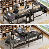 Unikito Reversible L Shaped Desk with Magic Power Outlets and Smart LED Light, Sturdy Corner Computer Desk with Monitor Stand & Storage Shelves, Gaming Table Home Office Desk, Easy Assembly, Black Unikito