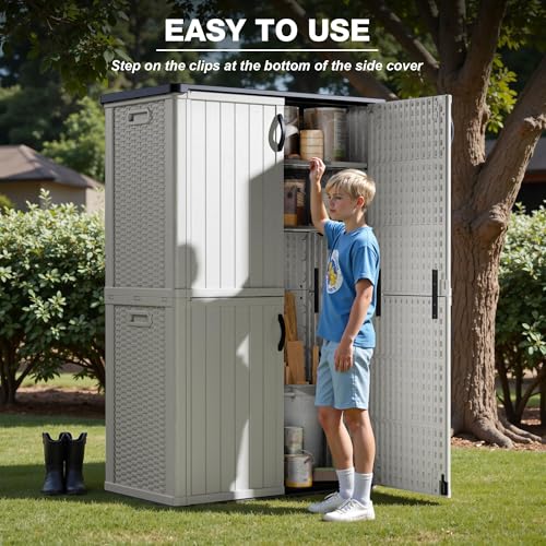 Greesum Outdoor Storage Cabinet Without Shelves, 45 cu.ft Outdoor Waterproof Storage Shed for Garden Tools, Pool Storage, Garbage Cans, White Greesum