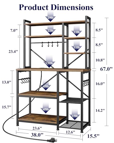 Kitsure Baker's Rack with Power Outlet - Storage Rack with Kitchen Shelves and 12 Hooks, Versatile Coffee Bar and Microwave Stand for Appliances, Pantry, Home Organization,Brown, 38.0" x 15.5" x 67.0"