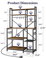 Kitsure Baker's Rack with Power Outlet - Storage Rack with Kitchen Shelves and 12 Hooks, Versatile Coffee Bar and Microwave Stand for Appliances, Pantry, Home Organization,Brown, 38.0" x 15.5" x 67.0"