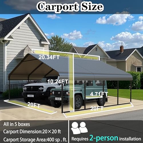Poborin 20x20 ft Metal Carport for Outdoor Garages Steel Heavy Duty Portable Garage with Large Tall Carports Canopy for Snow, Car Ports with Galvanized Steel Roof & Frame - Grey Poborin