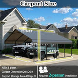 Poborin 20x20 ft Metal Carport for Outdoor Garages Steel Heavy Duty Portable Garage with Large Tall Carports Canopy for Snow, Car Ports with Galvanized Steel Roof & Frame - Grey Poborin