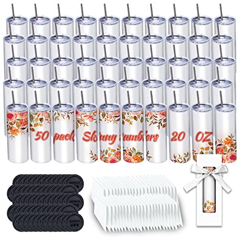 50 Pack Sublimation Tumblers 20 oz Skinny bulk,Stainless Steel Double Wall Insulated Straight Sublimation Tumbler Cups Blank White with Lid,Individually Box,Polymer Coating for Heat Transfer - WoodArtSupply