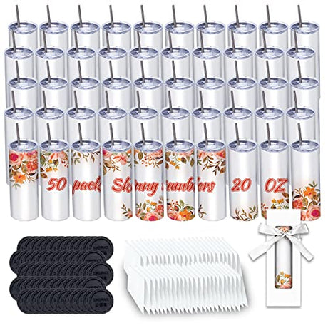 50 Pack Sublimation Tumblers 20 oz Skinny bulk,Stainless Steel Double Wall Insulated Straight Sublimation Tumbler Cups Blank White with Lid,Individually Box,Polymer Coating for Heat Transfer ZONEGRACE