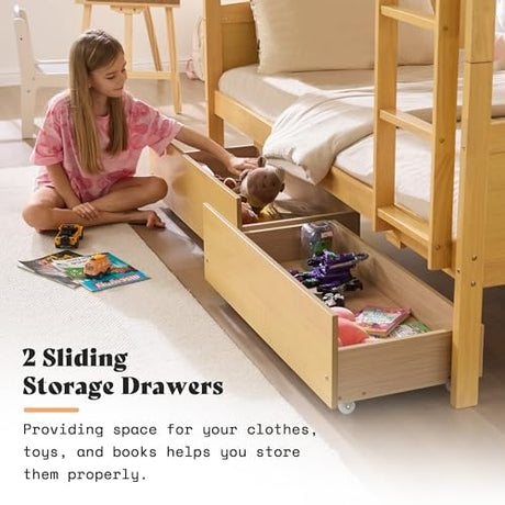 AMERLIFE Twin Over Twin Bunk Bed with Storage Drawers, Solid Rubberwood 2-in-1 Convertible Loft Beds with Ladders, Modern Detachable Bed Frame for Kids and Teens Bedroom, Natural Wood AMERLIFE
