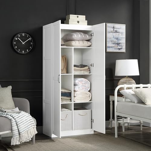 Manhtattan Comfort Hopkins Modern Freestanding Storage Closet with 7 Spacious Shelves and Soft Close Doors, Multipurpose Wardrobe Cabinet for Bedroom, 72" High, Large, White