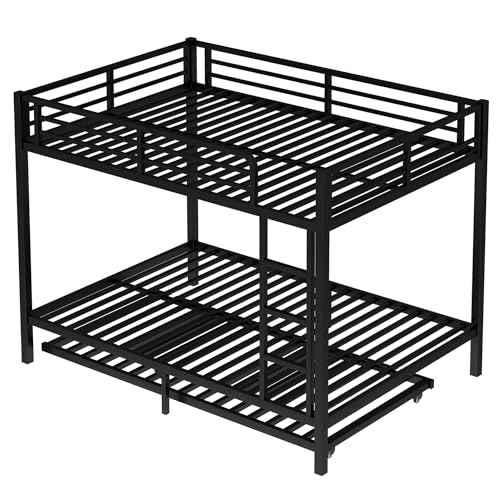 Bellemave Metal Bunk Bed with Trundle, Full Over Full Bunk Trundle and Guardrail and Ladder for Kids/Teenagers, Adults, No Box Spring Needed，Black Bellemave