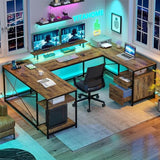 YITAHOME U Shaped Desk with Power Outlets & LED Lights, 79" Reversible L Shaped Desk with Drawers, Corner Computer Desk Office Desk with Monitor Stand & Storage Shelves, Rustic Brown YITAHOME