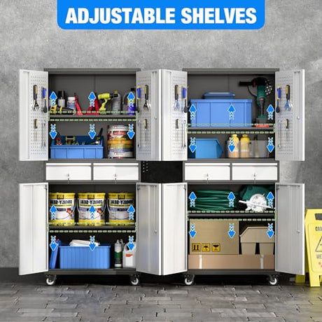 Aobabo 71" H 2 Drawer Metal Storage Cabinet with Wheels and 4 Pegboards,Lockable Steel Garage Storage Cabinet with 2 Adjustable Shelves,Black Sliver,Assembly Required Aobabo