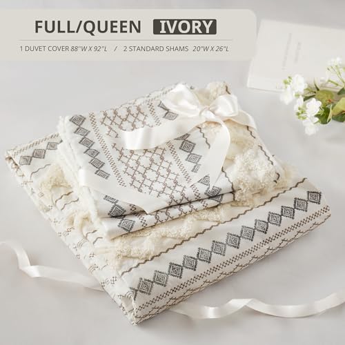 INK+IVY Imani 100% Cotton Duvet Mid Century Modern Design, All Season Comforter Cover Bedding Set, Matching Shams, Full/Queen, Ivory Chenille Tufted Accent 3 Piece INK+IVY