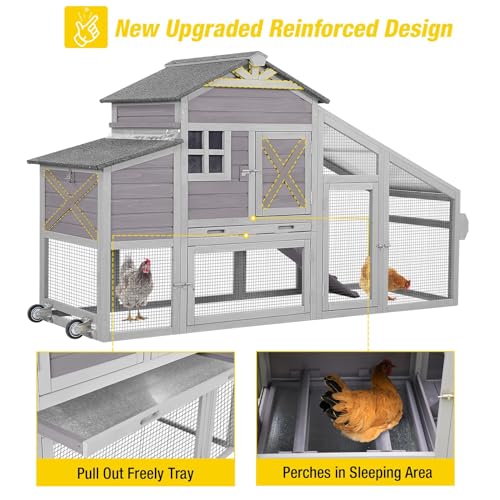 Chicken Coop 65in Mobile Hen House Outdoor Wooden Poultry Cage with Wheels, Nesting Box, Leakproof Pull-on Tray and UV-Resistant Roof Panel Aivituvin