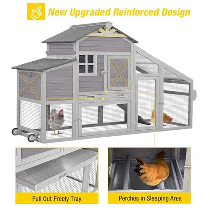 Chicken Coop 65in Mobile Hen House Outdoor Wooden Poultry Cage with Wheels, Nesting Box, Leakproof Pull-on Tray and UV-Resistant Roof Panel - WoodArtSupply