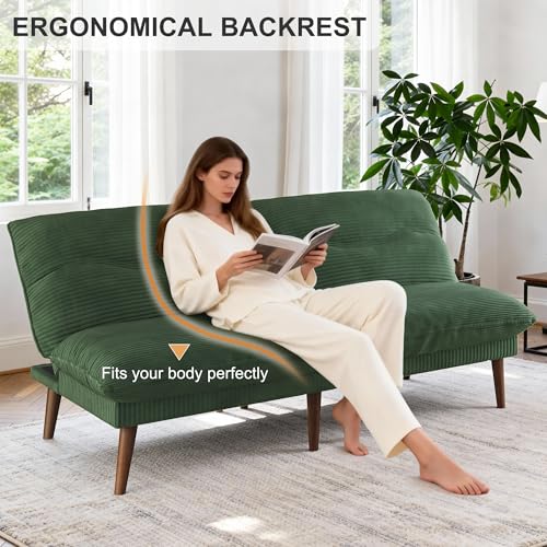 DreamDashio Futon Sofa Bed, 4 in 1 Multi-Functional Futon Couch with Adjustable Backrest, 75 inch Convertible Sleeper Sofa Bed and Recliner Lounge, Corduroy Loveseat for Living Room, Apartment, Green DreamDashio