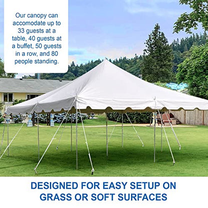 Party Tents Direct 20’ x 20’ Weekender Canopy Pole Tent, Indoor and Outdoor Heavy Duty Easy Up, 80 Person Capacity Tent for Parties, Weddings, and Events, Commercial and Residential Use, PVC White Top