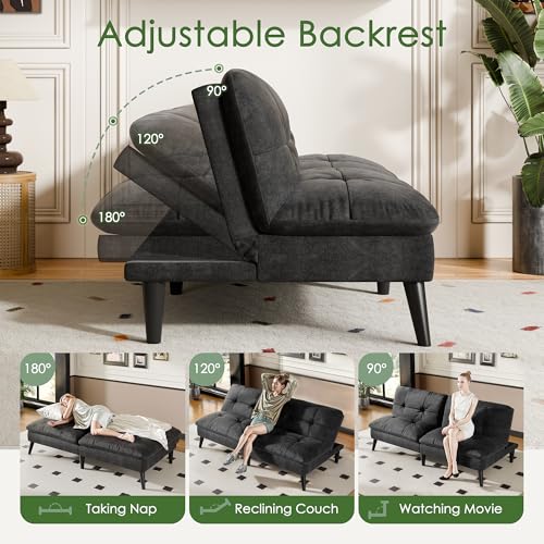 Vongrasig Futon Sofa Bed Velvet Futon Couch with Adjustable Backrest, Small Convertible Folding Sleeper Sofa Bed, Modern Loveseat for Living Room, Bedroom and Small Space, Black Vongrasig