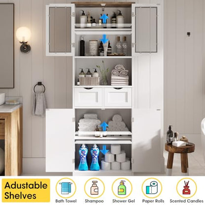 Maupvit 67" Tall Bathroom Storage Cabinet with 4 Doors & 2 Drawer, Freestanding Pantry Cabinet, Linen Storage Cabinet with Adjustable Shelves for Living Room, Kitchen, White