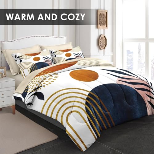 WeCozy 7 Pcs Queen Size Comforter Set with 2 Pillowcases & 2 Shams, Mid Century Bedding for Adults, Sun Boho Geometric Rainbow Bed in a Bag with Flat Fitted Sheet WeCozy